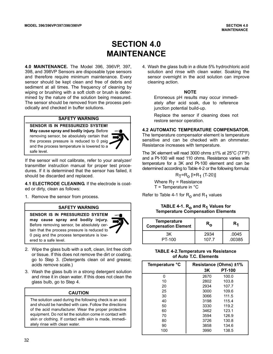 Emerson 396VP, 398VP, 397 instruction manual Section Maintenance, Sensor is in Pressurized System 