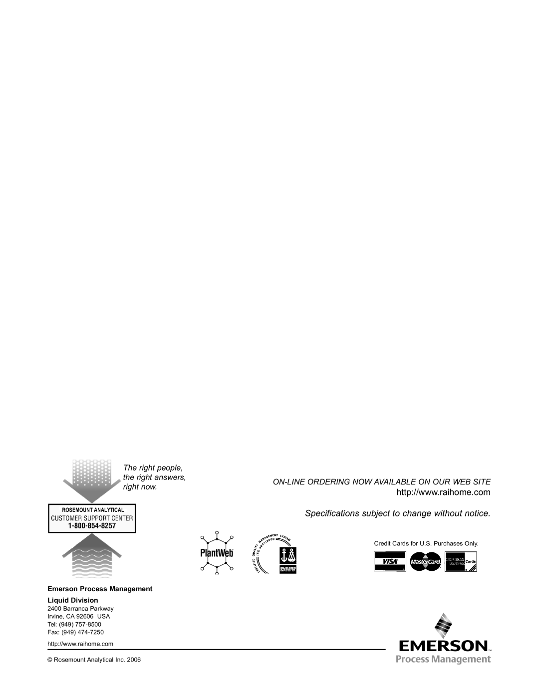 Emerson 396VP, 398VP, 397 instruction manual Specifications subject to change without notice 