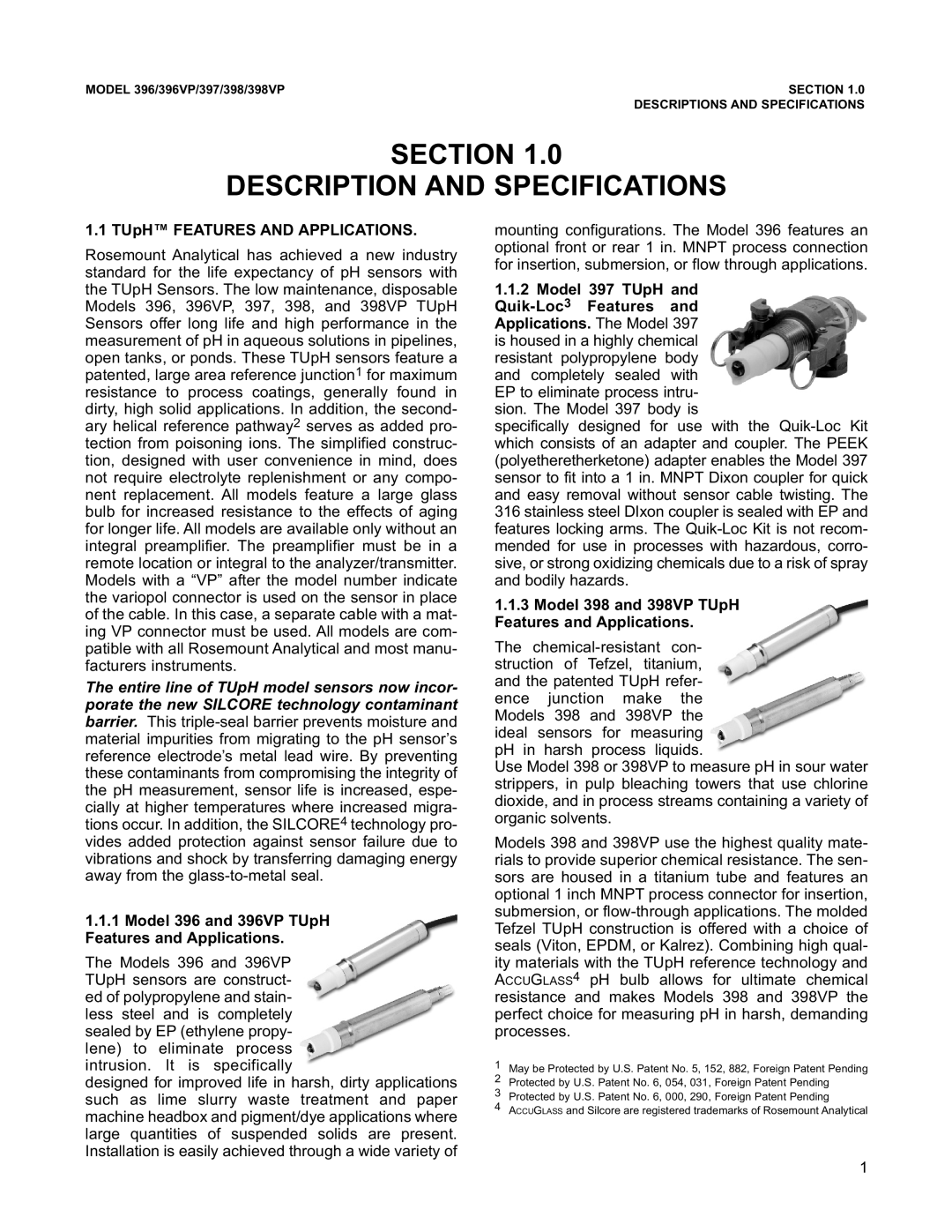 Emerson 396VP, 398VP, 397 instruction manual Section Description and Specifications, TUpH Features and Applications 