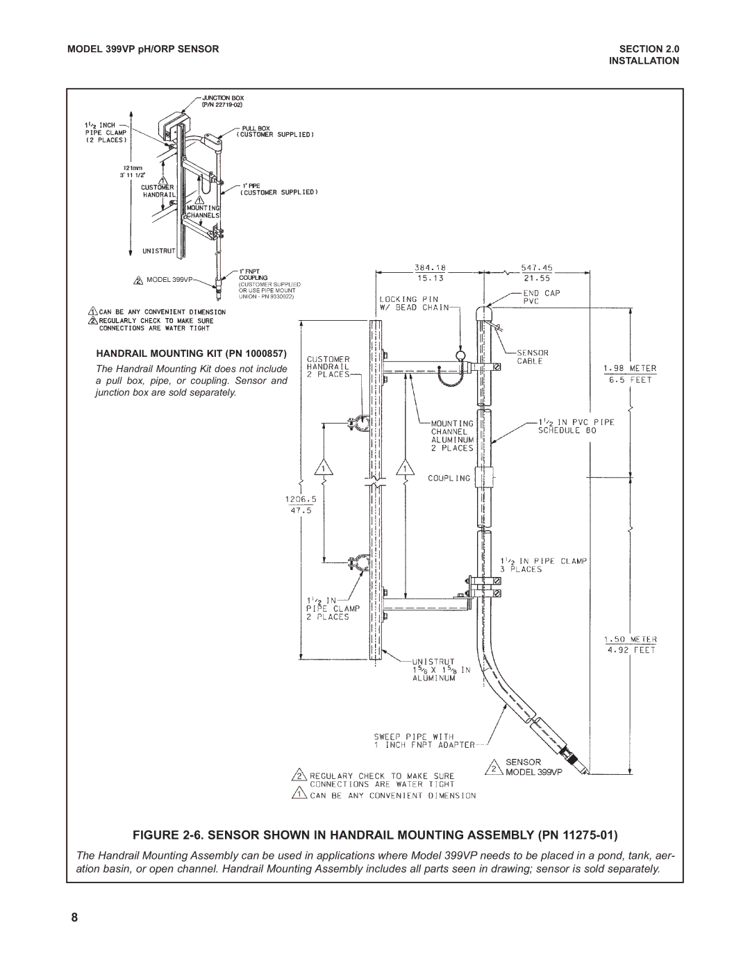 Emerson 399VP, Combination pH/ORP Sensor instruction manual Sensor Shown in Handrail Mounting Assembly PN 