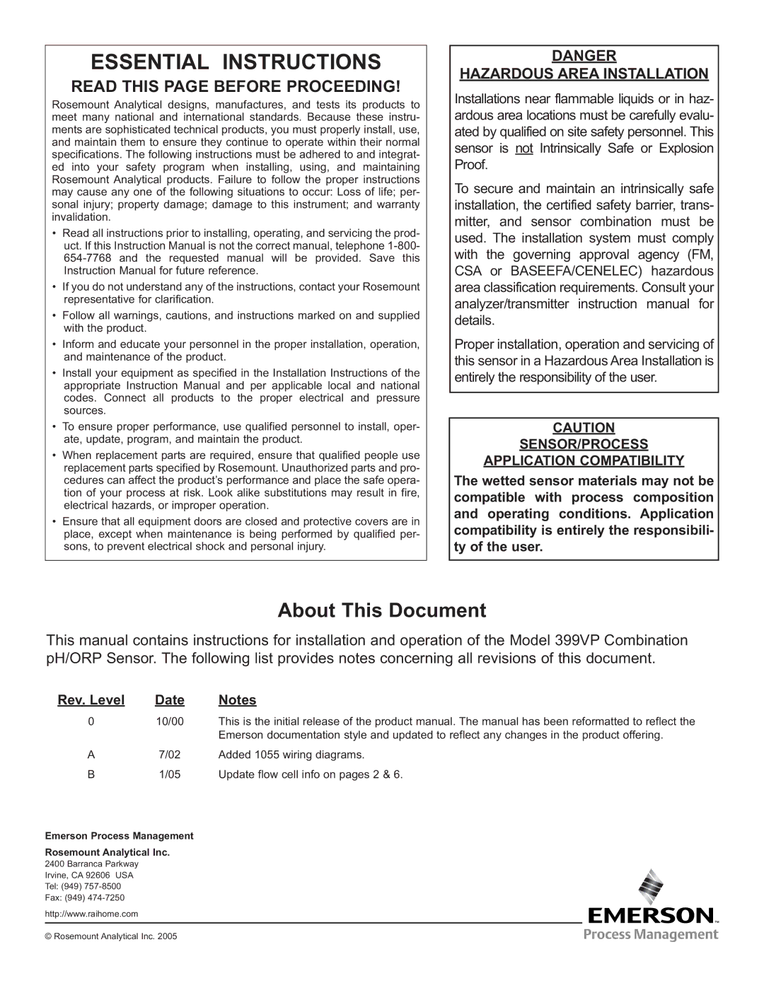 Emerson 399VP, Combination pH/ORP Sensor instruction manual Essential Instructions, Hazardous Area Installation 