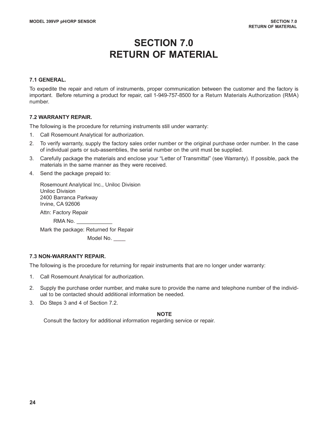 Emerson 399VP, Combination pH/ORP Sensor instruction manual Section Return of Material, General 