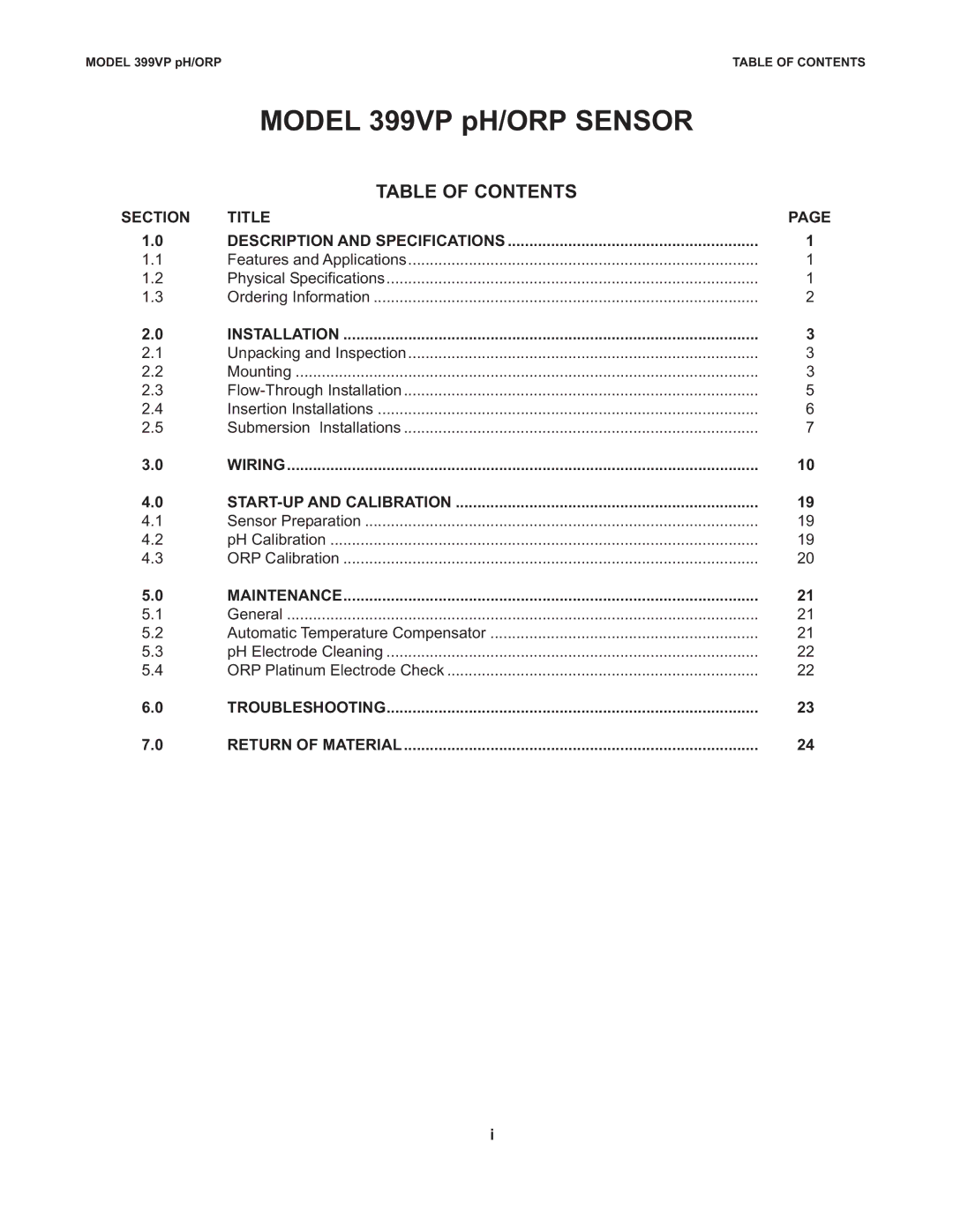 Emerson Combination pH/ORP Sensor instruction manual Model 399VP pH/ORP Sensor, Table of Contents 