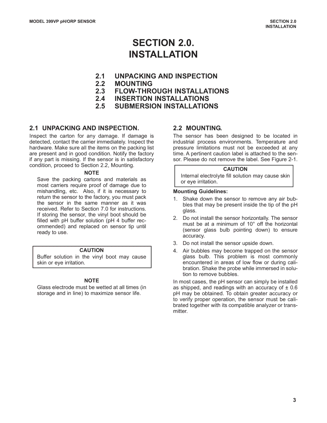 Emerson Combination pH/ORP Sensor, 399VP Section Installation, Unpacking and Inspection, Mounting Guidelines 