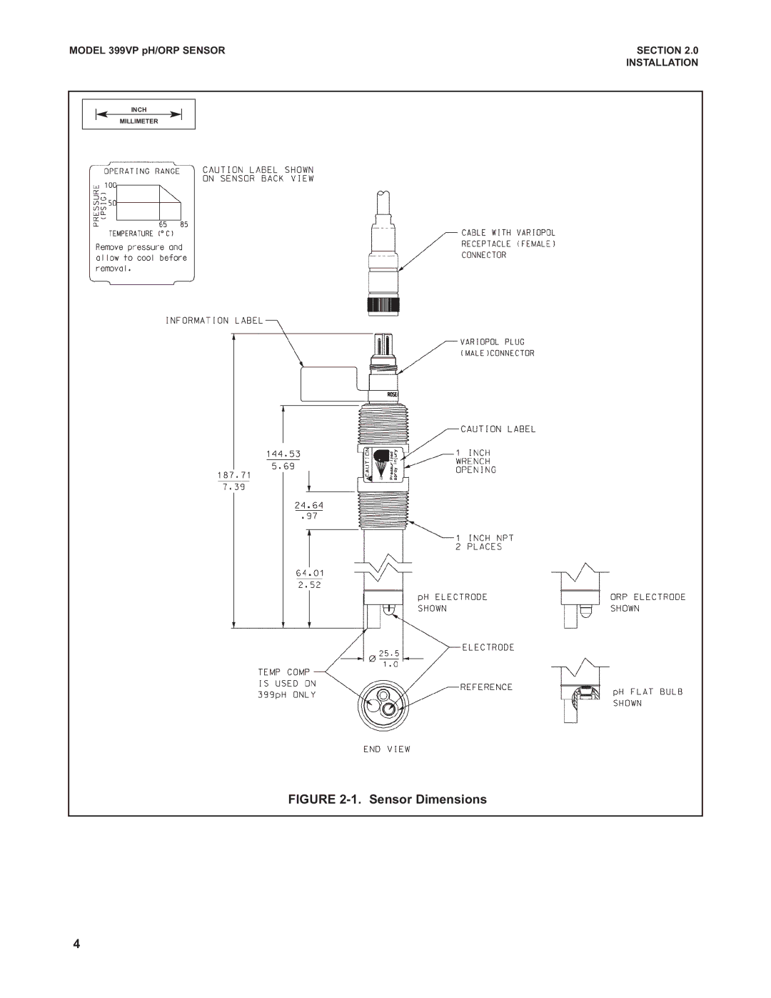 Emerson 399VP, Combination pH/ORP Sensor instruction manual Sensor Dimensions 