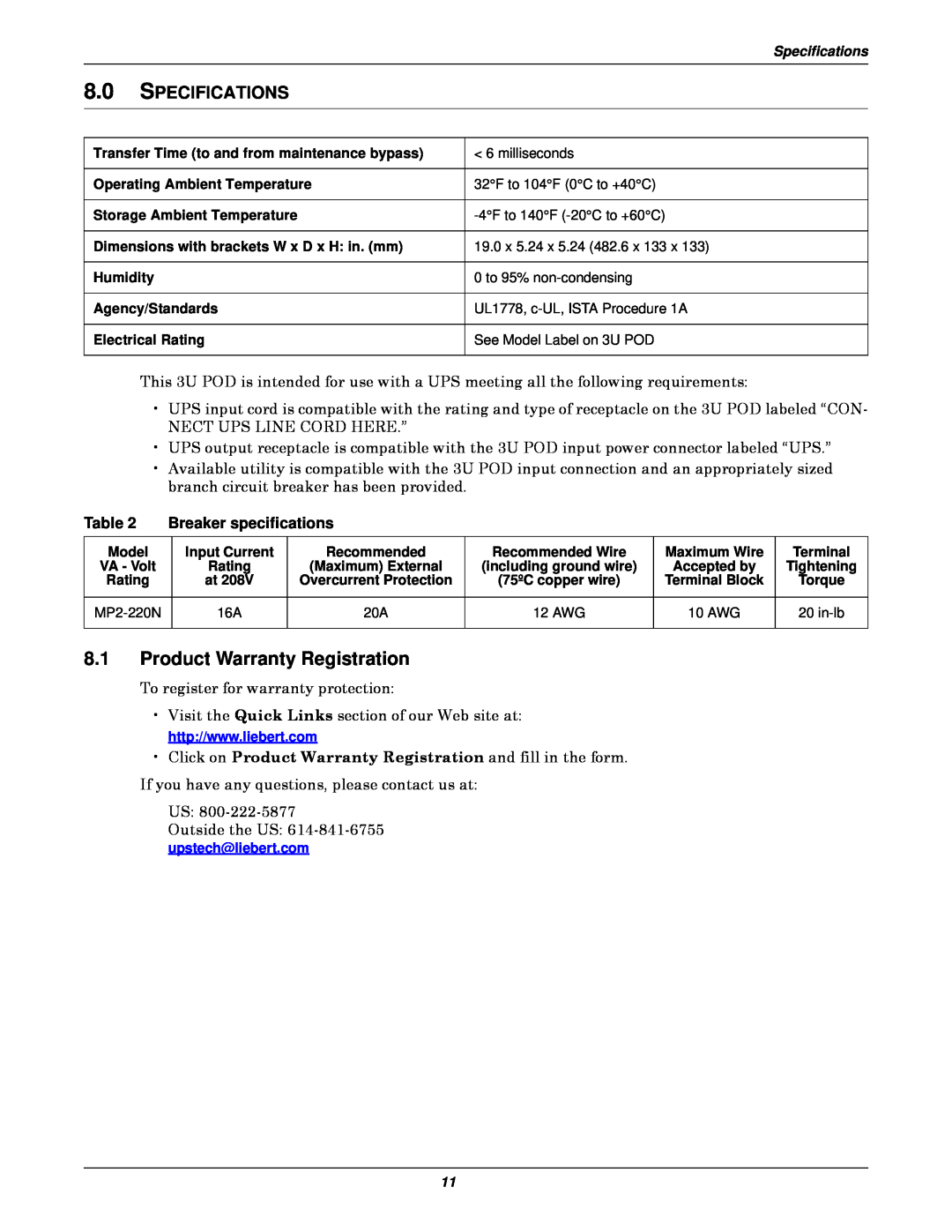 Emerson 3U MP2-220N user manual Product Warranty Registration, Specifications, Breaker specifications 