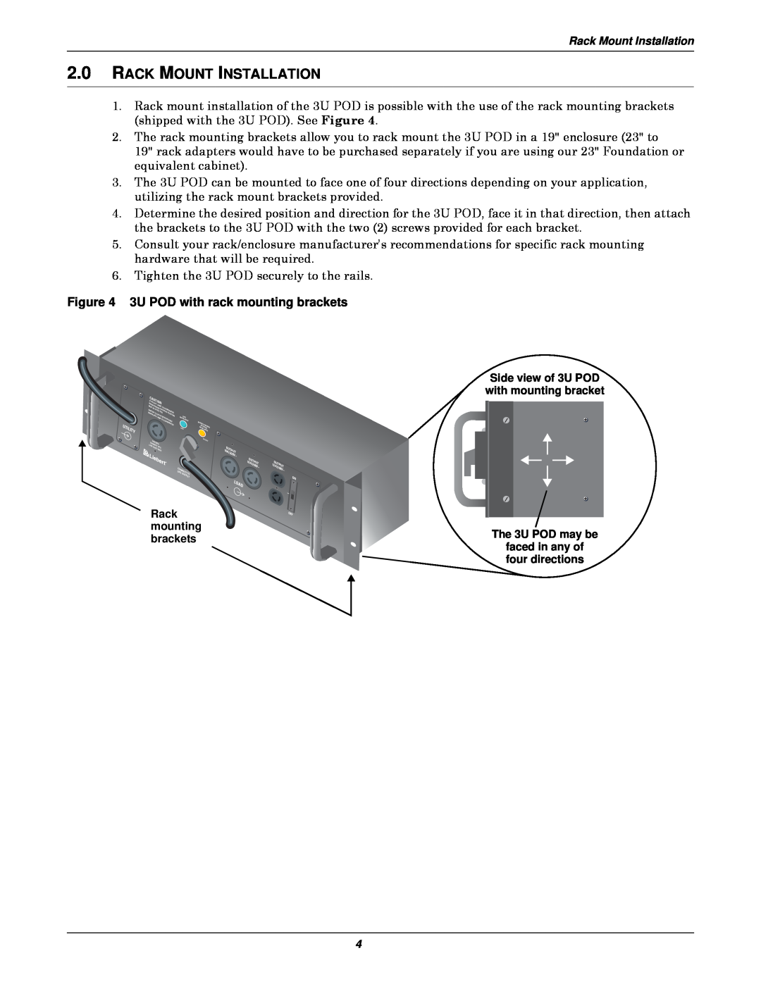 Emerson 3U MP2-220N user manual Rack Mount Installation, 3U POD with rack mounting brackets 