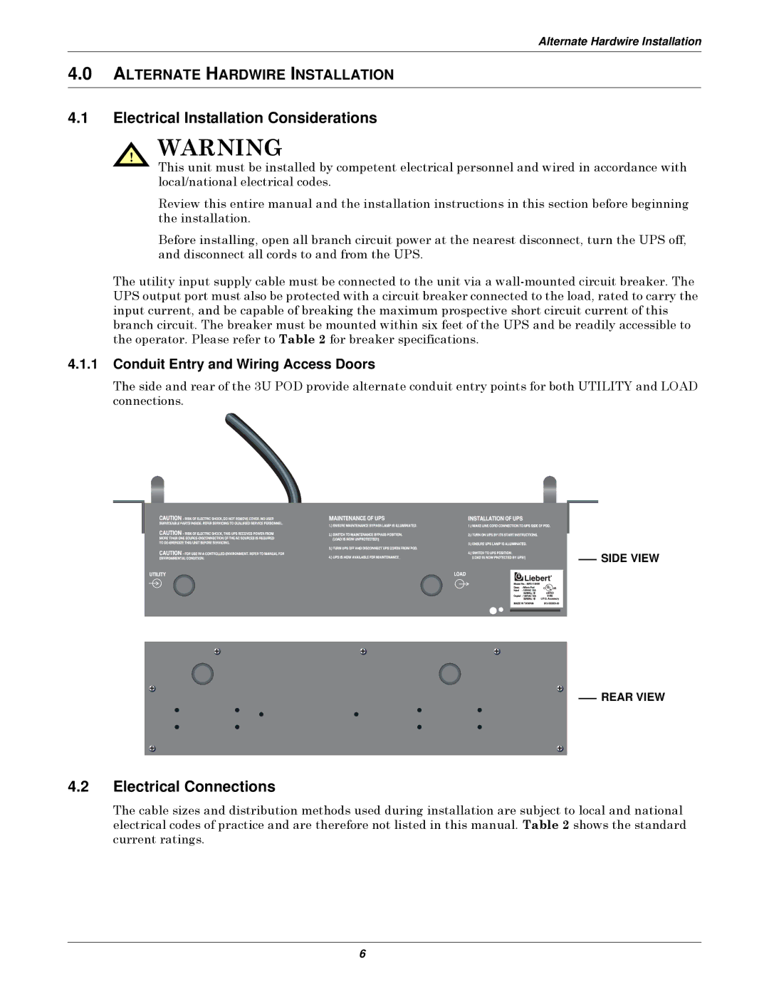 Emerson 3U MP2-220N Electrical Installation Considerations, Electrical Connections, Alternate Hardwire Installation 