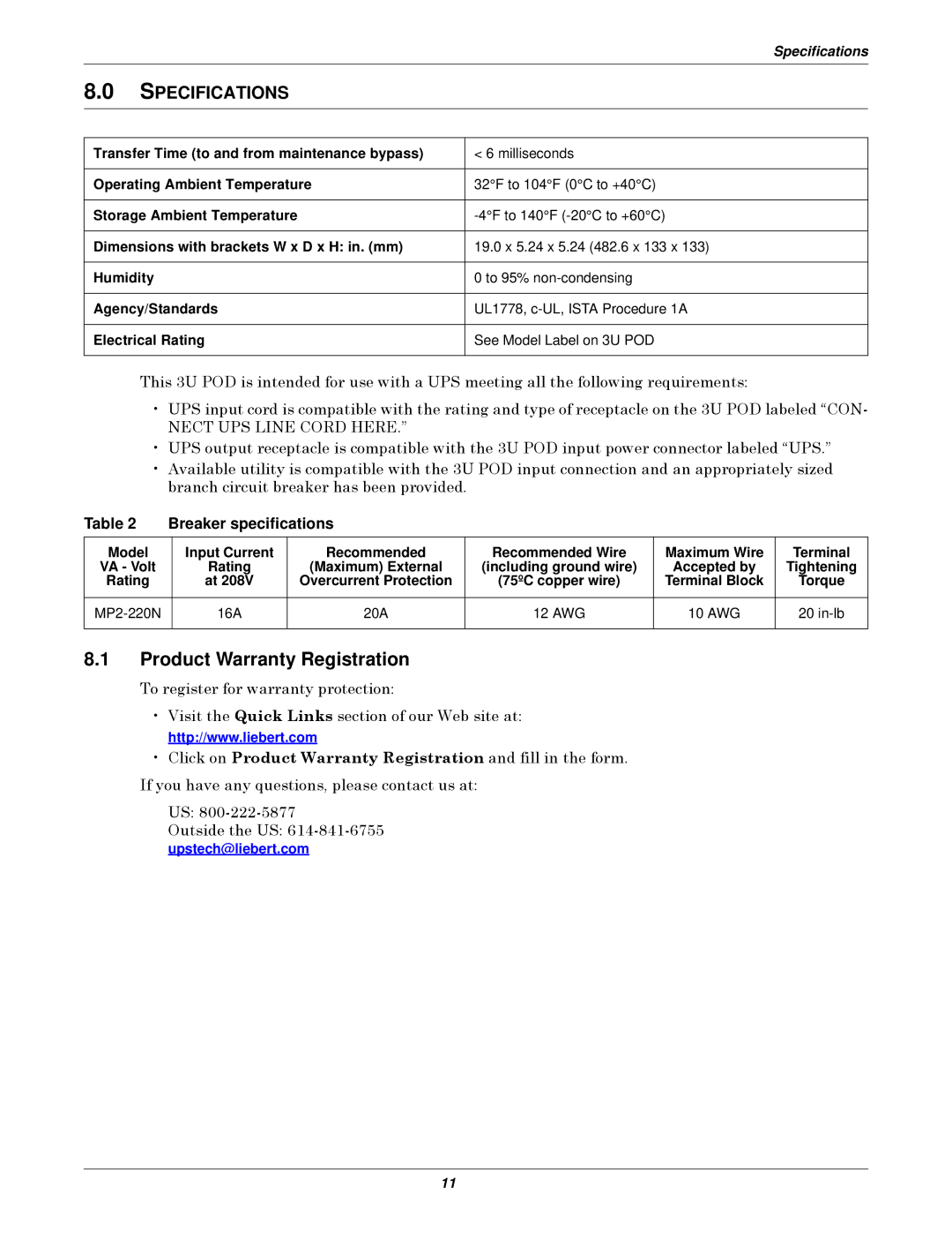 Emerson 3U MP2-220N user manual Product Warranty Registration, Specifications 