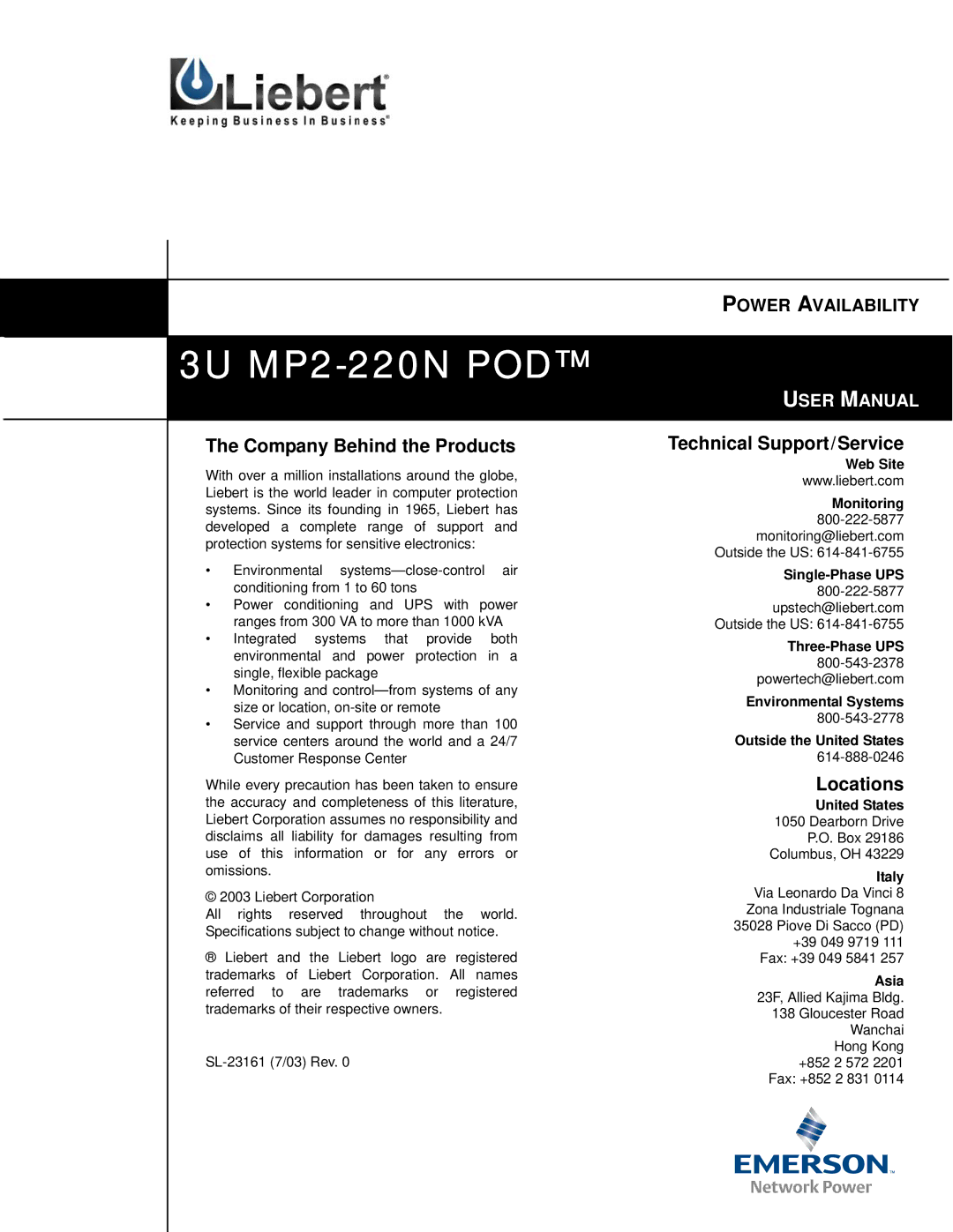 Emerson 3U MP2-220N user manual Company Behind the Products, Technical Support/Service, Locations 