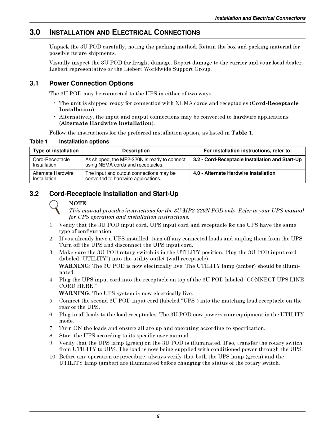 Emerson 3U MP2-220N user manual Power Connection Options, Cord-Receptacle Installation and Start-Up 