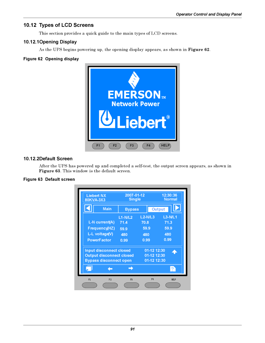 Emerson 40-200KVA user manual Types of LCD Screens, 10.12.1Opening Display, 10.12.2Default Screen 