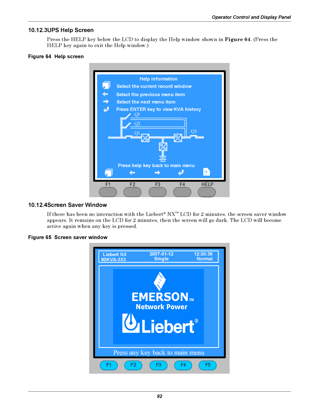 Emerson 40-200KVA user manual 10.12.3UPS Help Screen, 10.12.4Screen Saver Window 