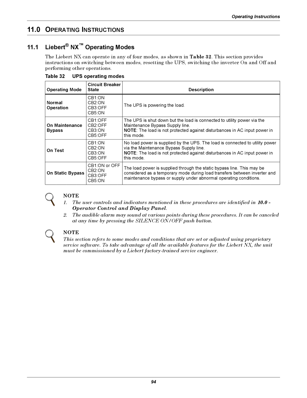 Emerson 40-200KVA user manual Liebert NX Operating Modes, UPS operating modes 