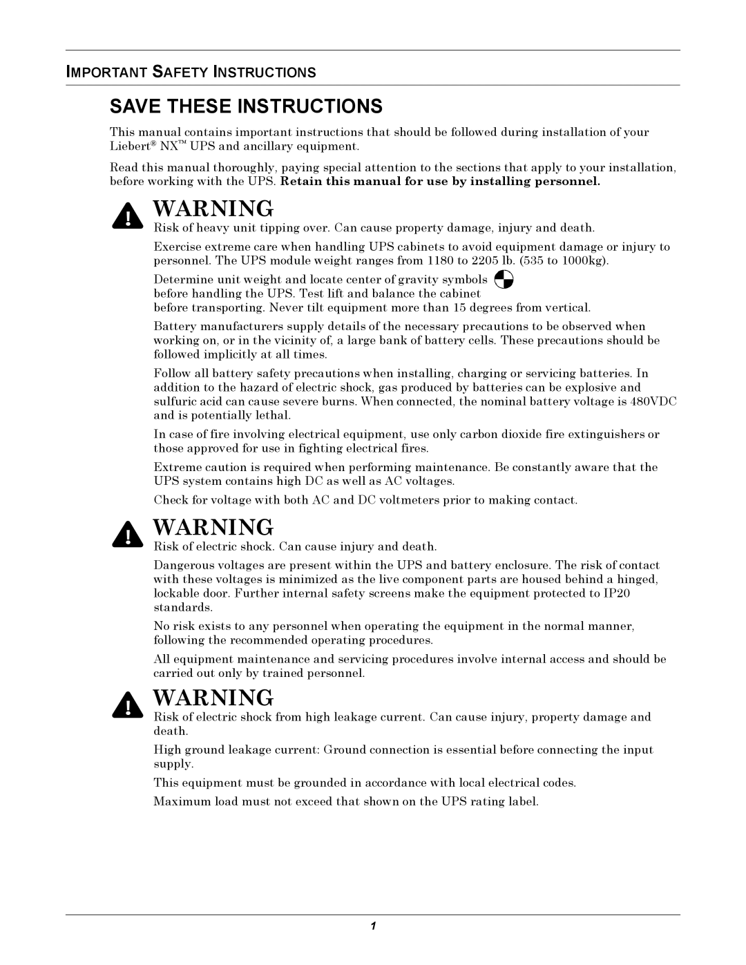 Emerson 40-200KVA user manual Important Safety Instructions 