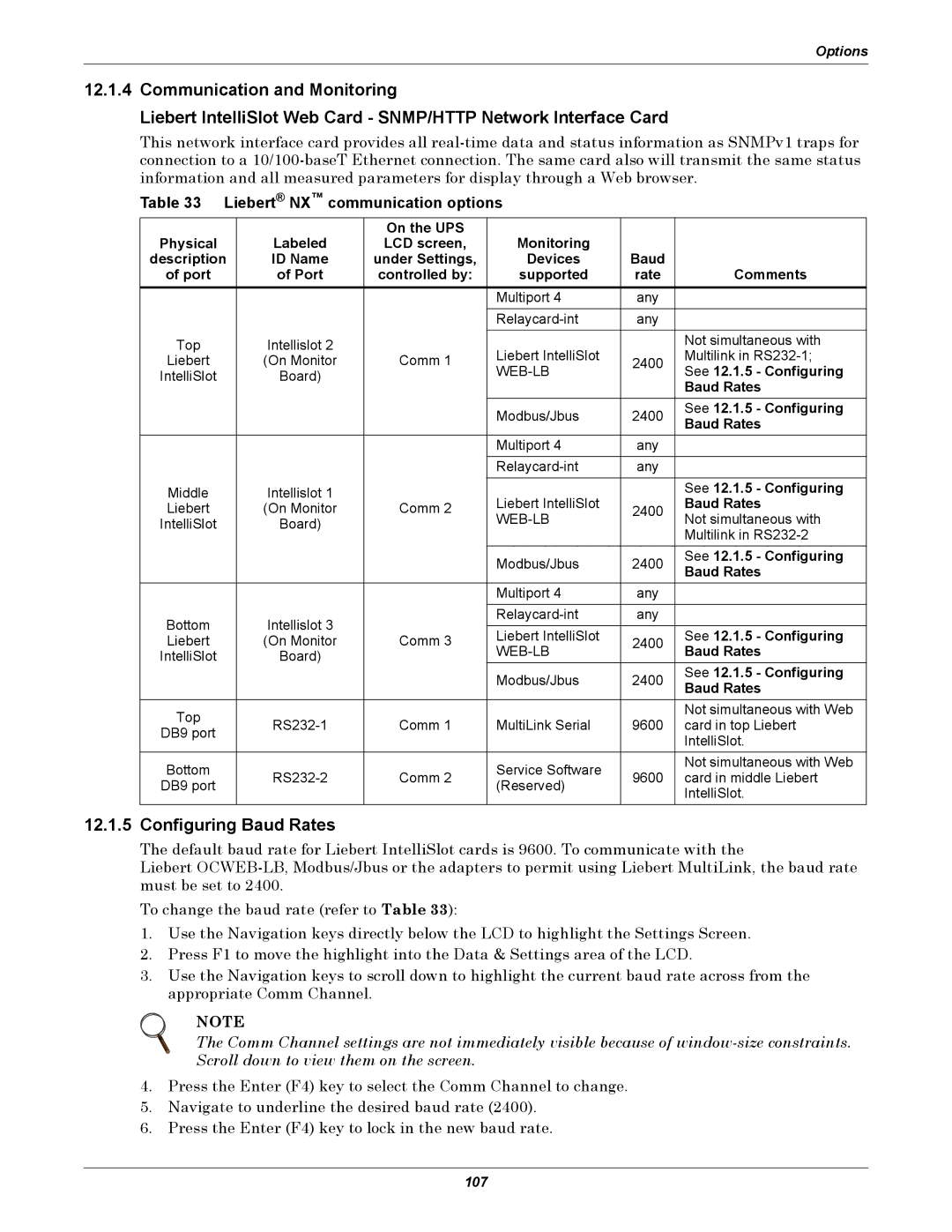 Emerson 40-200KVA user manual Configuring Baud Rates, Liebert NX communication options, Comments, See 12.1.5 Configuring 