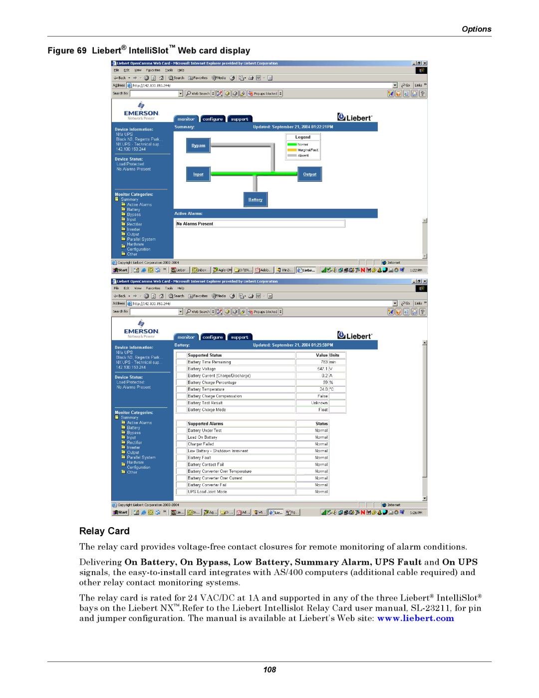 Emerson 40-200KVA user manual Relay Card, Liebert IntelliSlot Web card display 