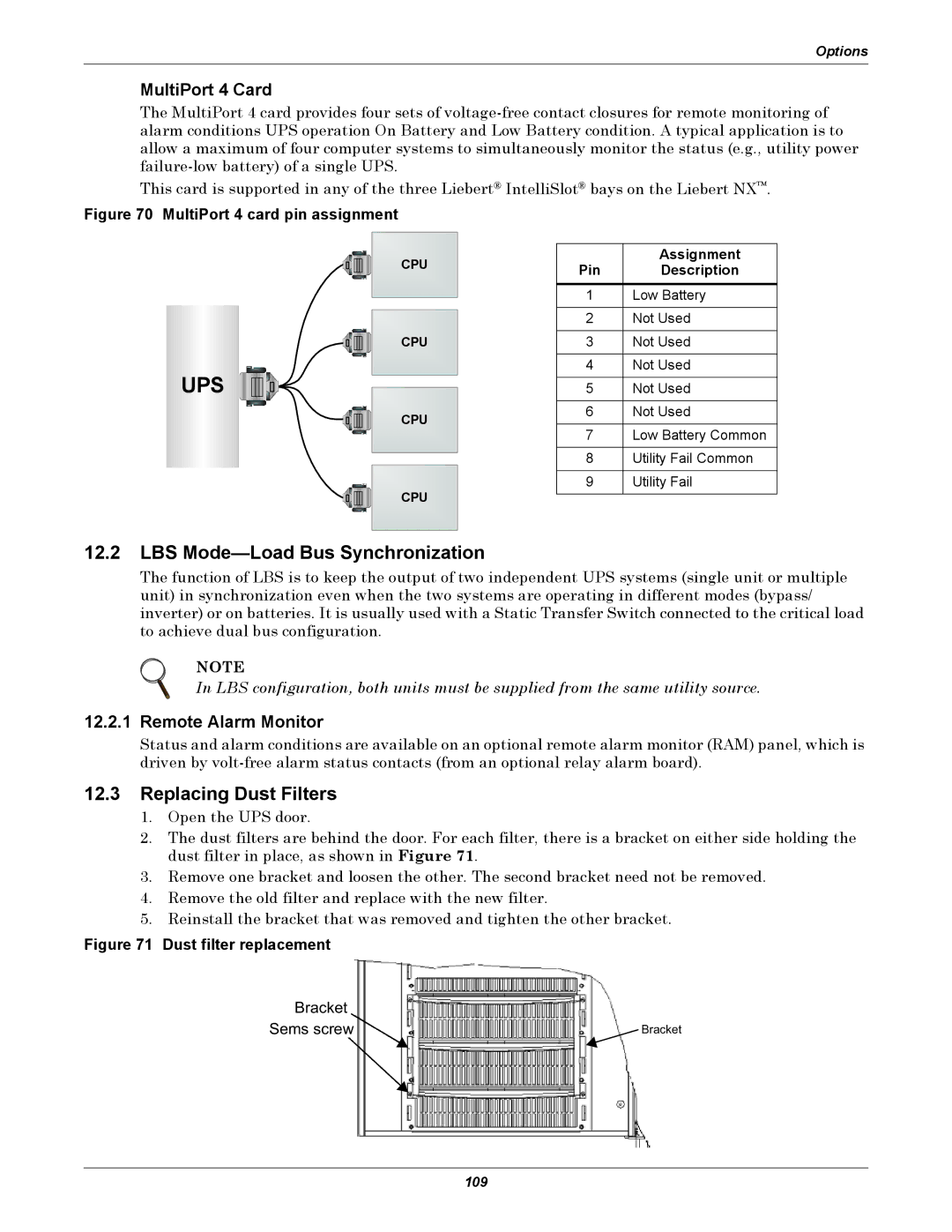 Emerson 40-200KVA LBS Mode-Load Bus Synchronization, Replacing Dust Filters, MultiPort 4 Card, Remote Alarm Monitor 