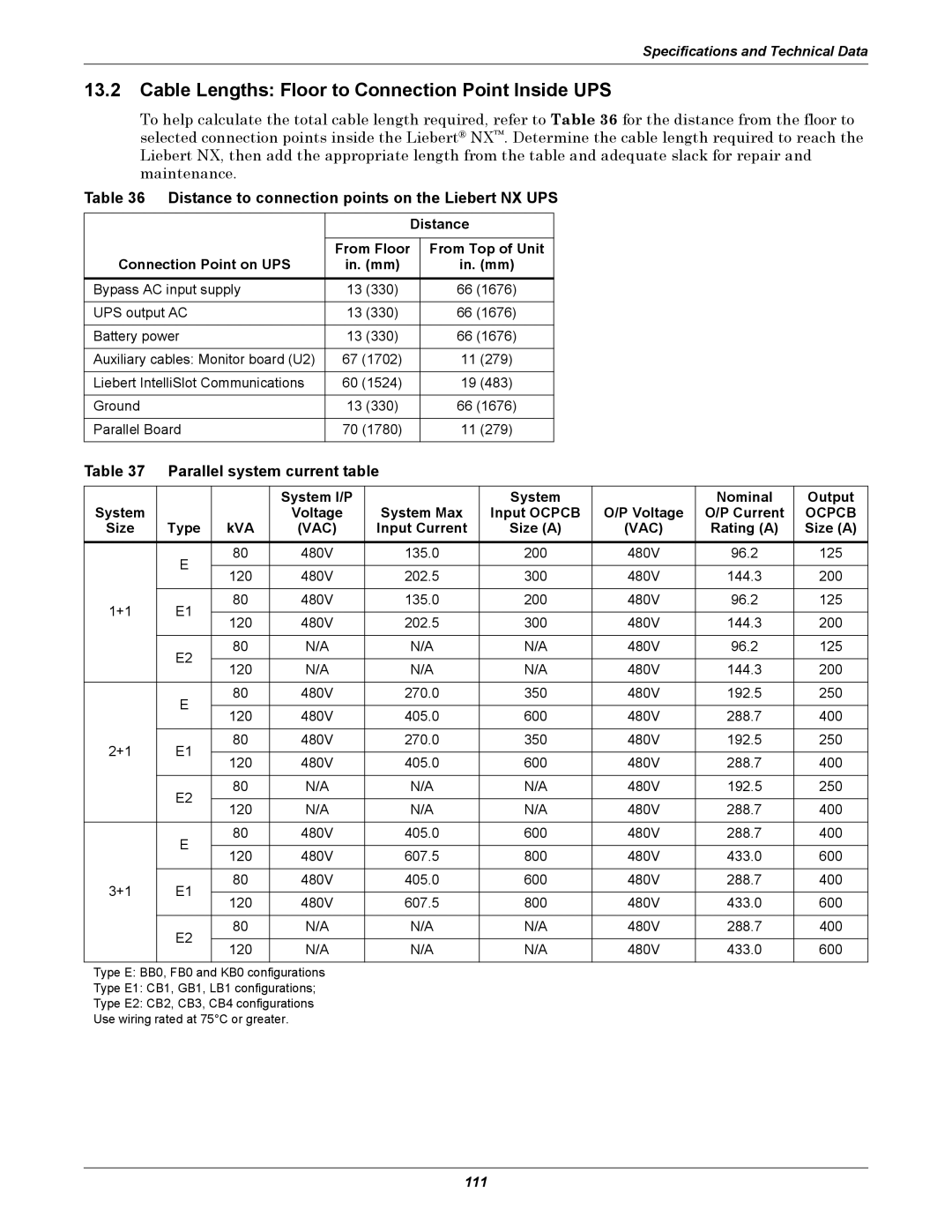 Emerson 40-200KVA Cable Lengths Floor to Connection Point Inside UPS, Distance to connection points on the Liebert NX UPS 