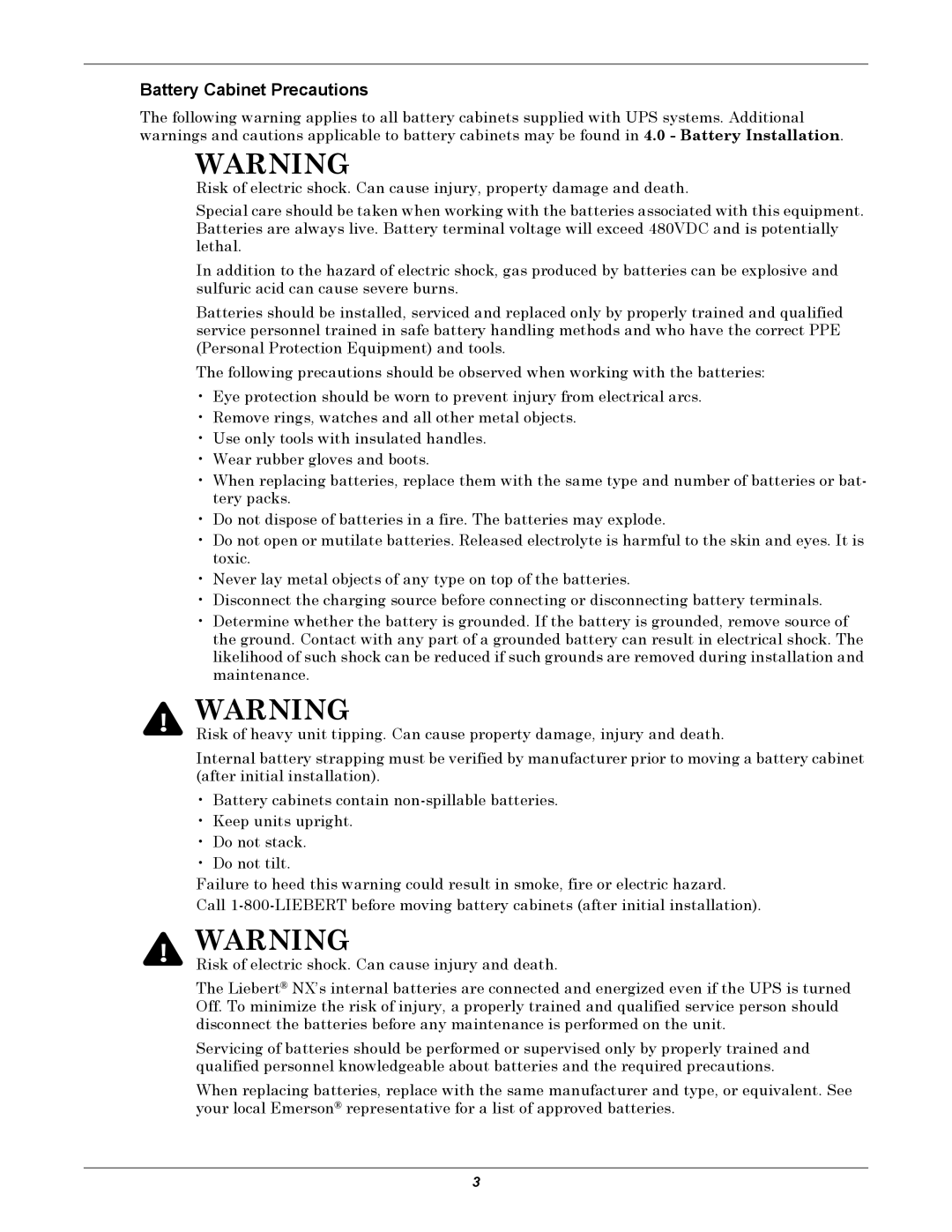 Emerson 40-200KVA user manual Battery Cabinet Precautions 