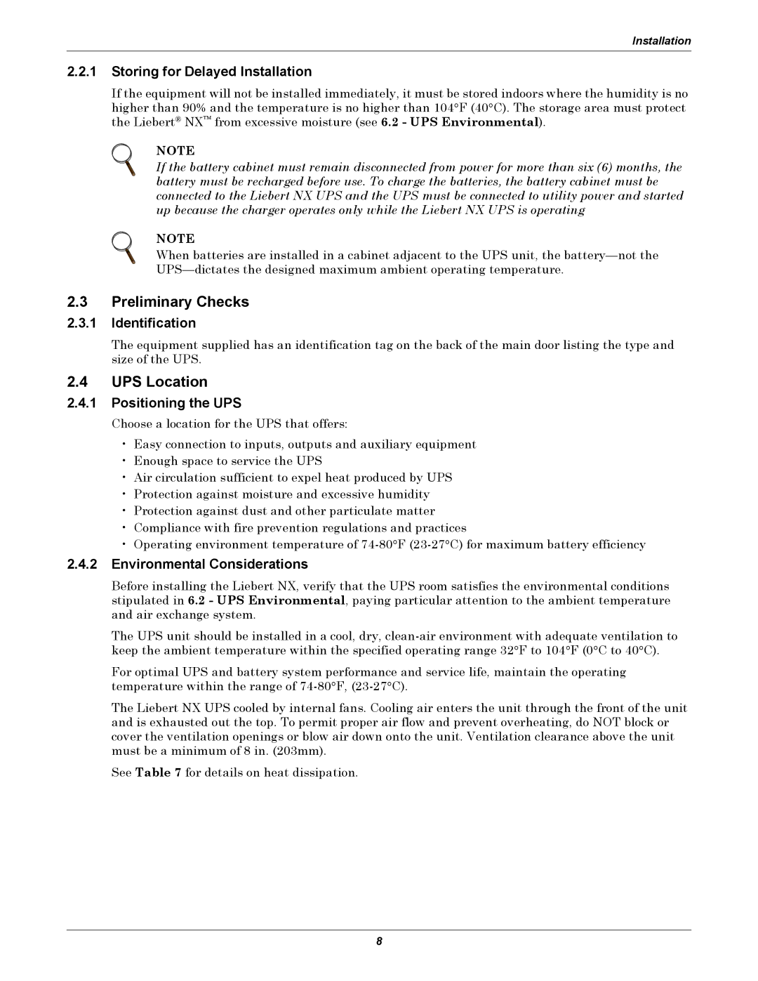 Emerson 40-200KVA user manual Preliminary Checks, UPS Location 