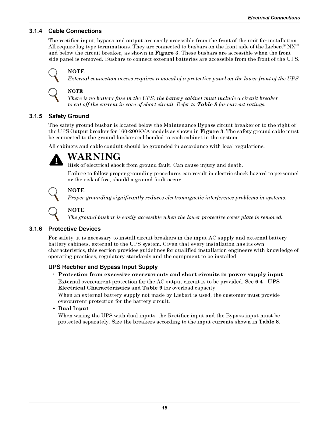 Emerson 40-200KVA user manual Cable Connections, Safety Ground, Protective Devices, UPS Rectifier and Bypass Input Supply 