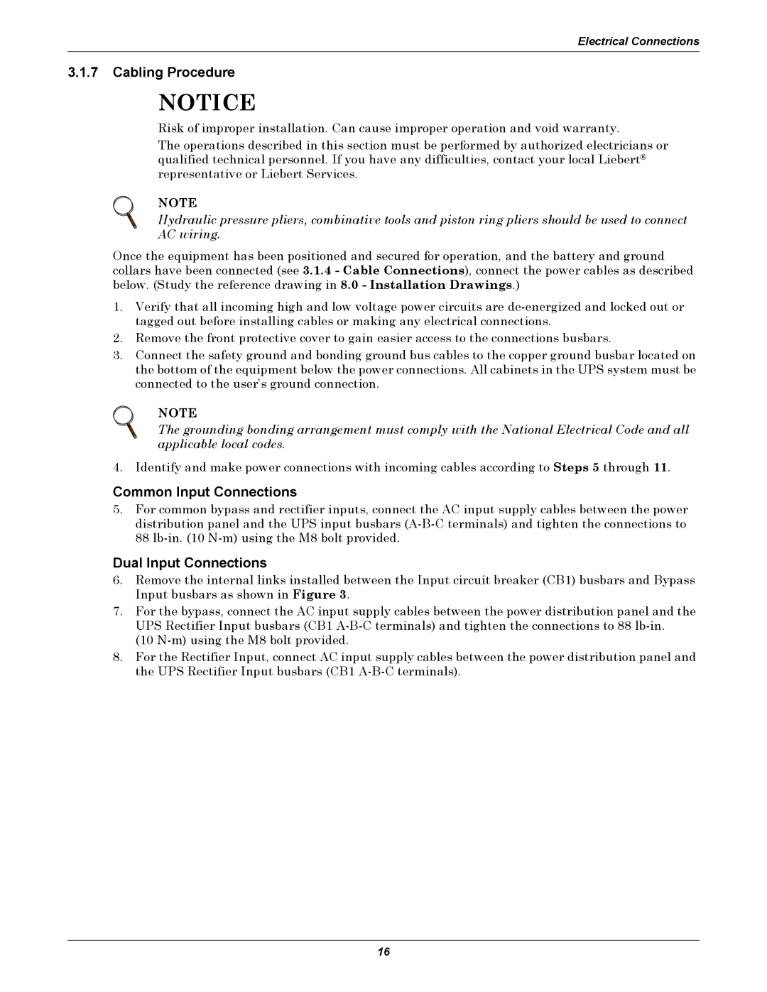 Emerson 40-200KVA user manual Cabling Procedure, Common Input Connections, Dual Input Connections 