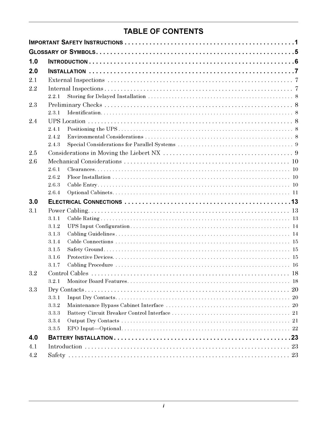 Emerson 40-200KVA user manual Table of Contents 