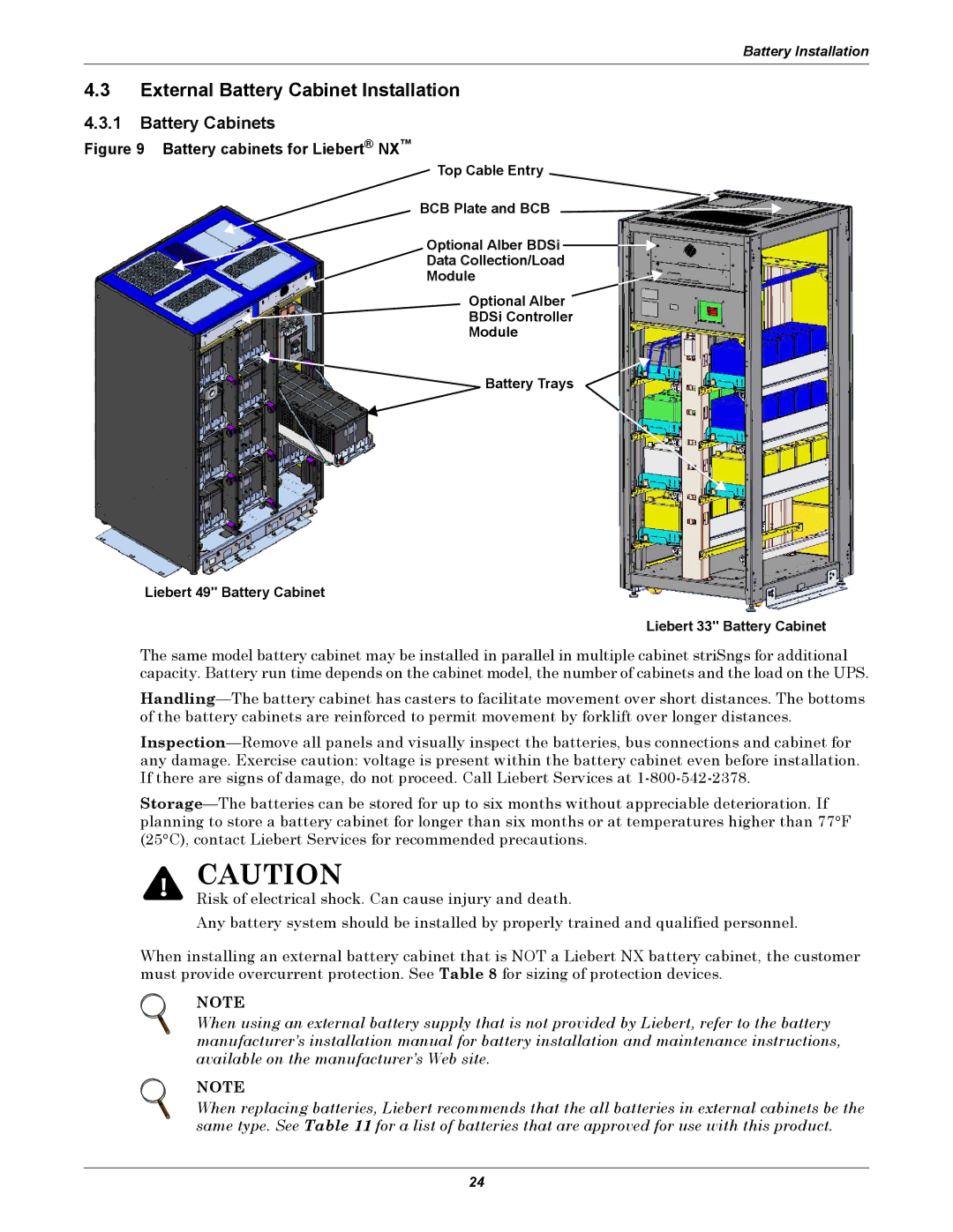 Emerson 40-200KVA user manual External Battery Cabinet Installation, Battery Cabinets 