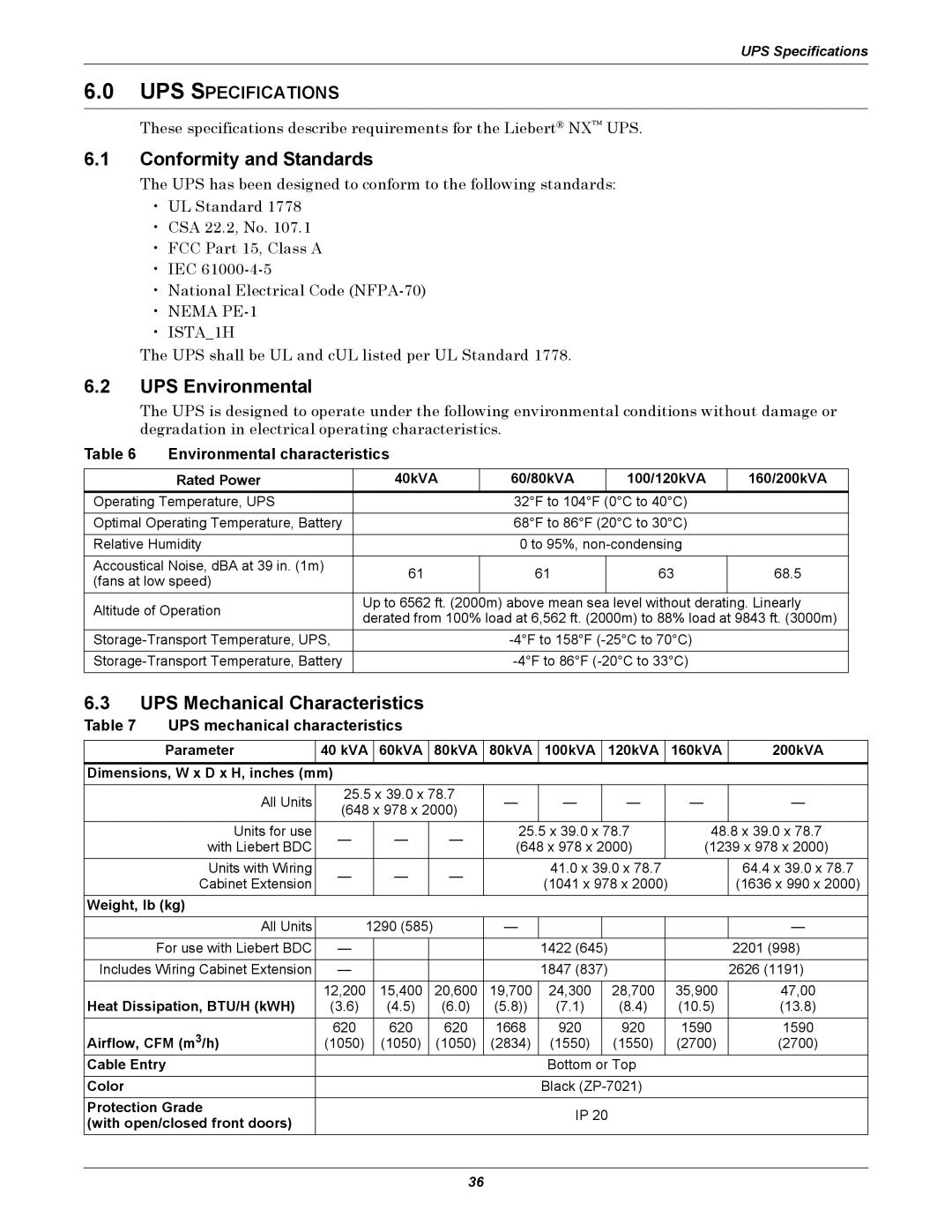 Emerson 40-200KVA user manual Conformity and Standards, UPS Environmental, UPS Mechanical Characteristics 