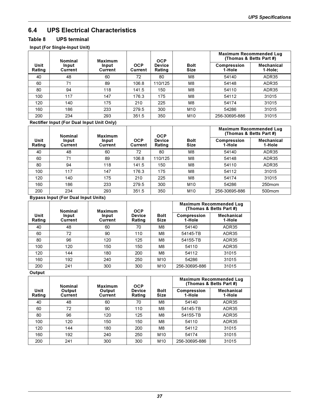 Emerson 40-200KVA user manual UPS Electrical Characteristics, UPS terminal 