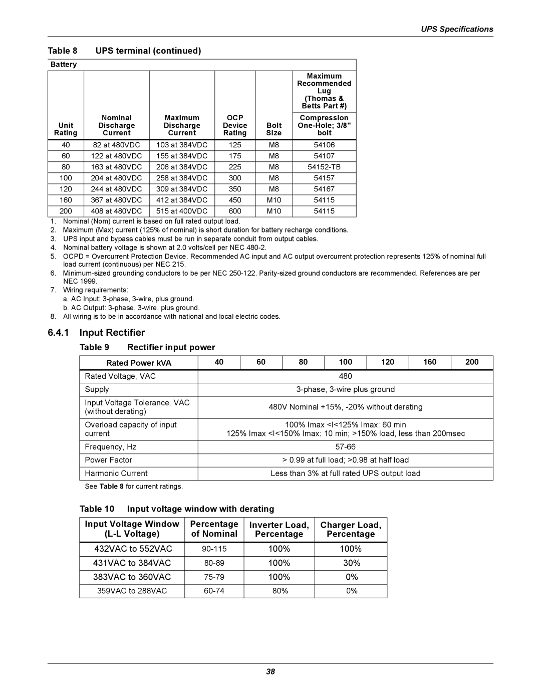 Emerson 40-200KVA user manual Input Rectifier, Rectifier input power, Rated Power kVA 100 120 160 