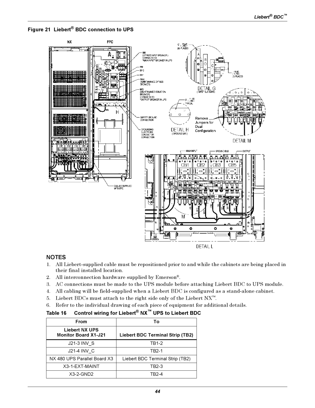 Emerson 40-200KVA user manual Liebert BDC connection to UPS, Control wiring for Liebert NX UPS to Liebert BDC 