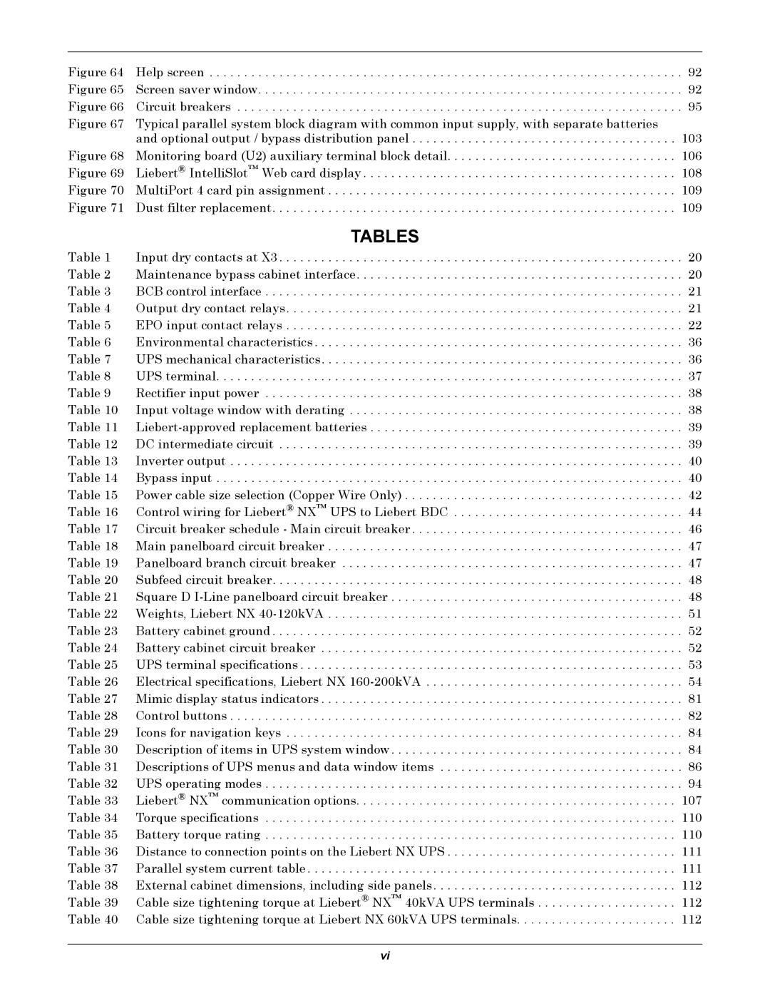 Emerson 40-200KVA user manual Tables 