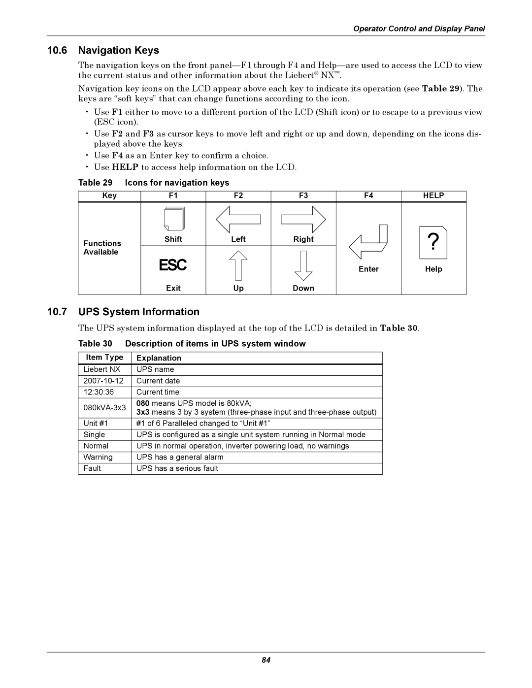 Emerson 40-200KVA user manual Navigation Keys, UPS System Information, Icons for navigation keys 