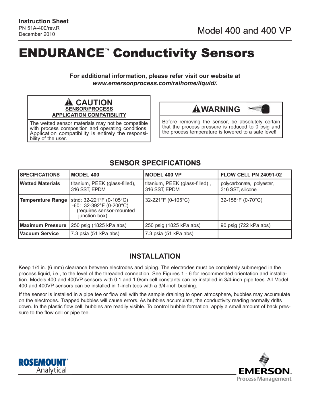 Emerson instruction sheet Sensor Specifications, Installation, Instruction Sheet, Model, MODEL 400 VP, Flow Cell Pn 