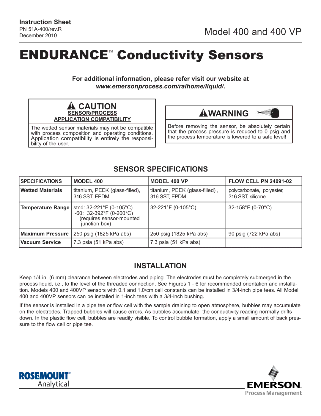 Emerson 400 VP instruction sheet Sensor Specifications, Installation, SENSOR/PROCESS Application Compatibility 