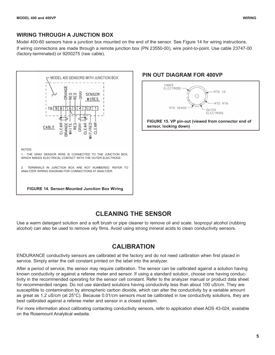 Emerson 400 VP instruction sheet Cleaning the Sensor, Calibration, Wiring Through a Junction BOX, PIN OUT Diagram for 400VP 