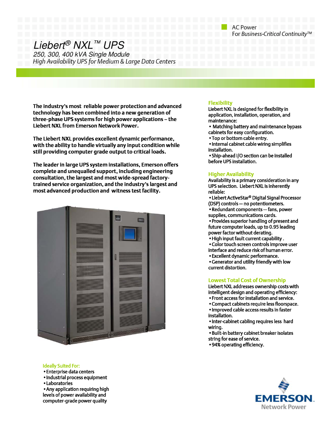 Emerson manual Liebert NXL UPS, 250, 300, 400 kVA Single Module, AC Power, For Business-CriticalContinuity, Flexibility 