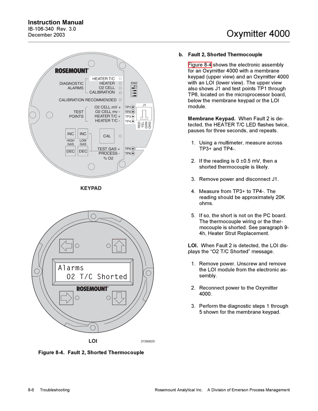 Emerson 4000 manual Alarms O2 T/C Shorted, Fault 2, Shorted Thermocouple 