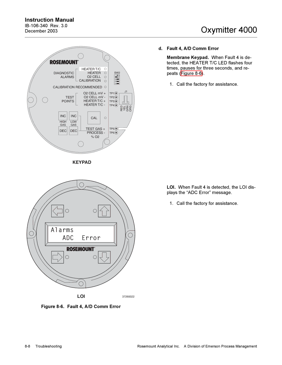 Emerson 4000 manual Alarms ADC Error, Fault 4, A/D Comm Error 