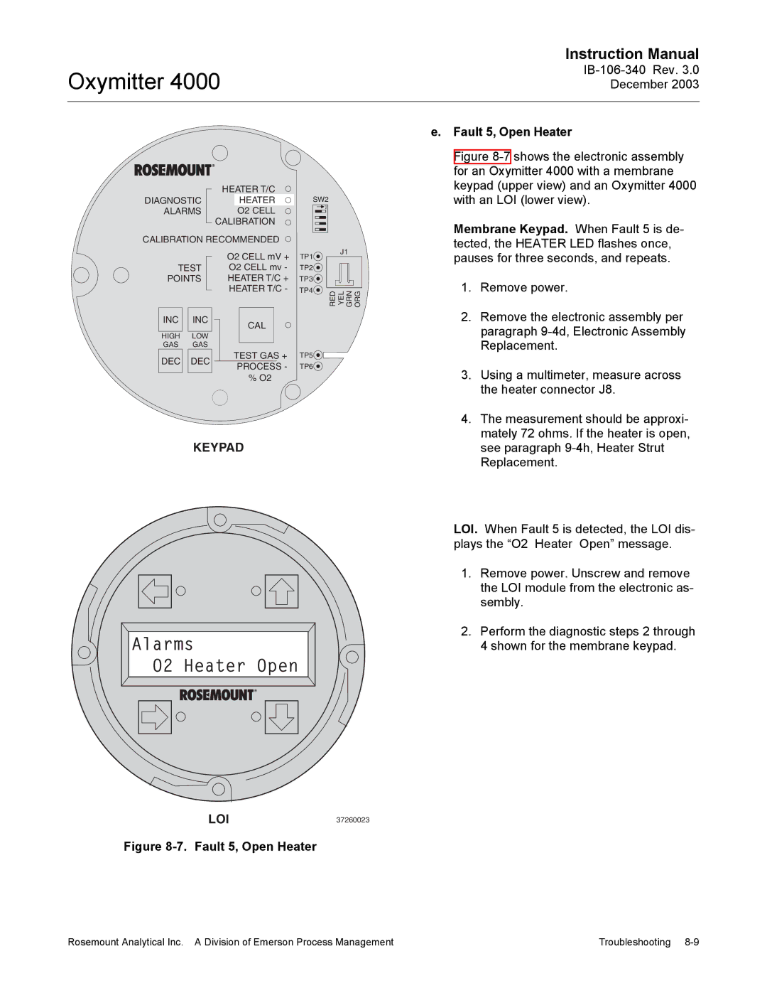 Emerson 4000 manual Alarms O2 Heater Open, Fault 5, Open Heater 