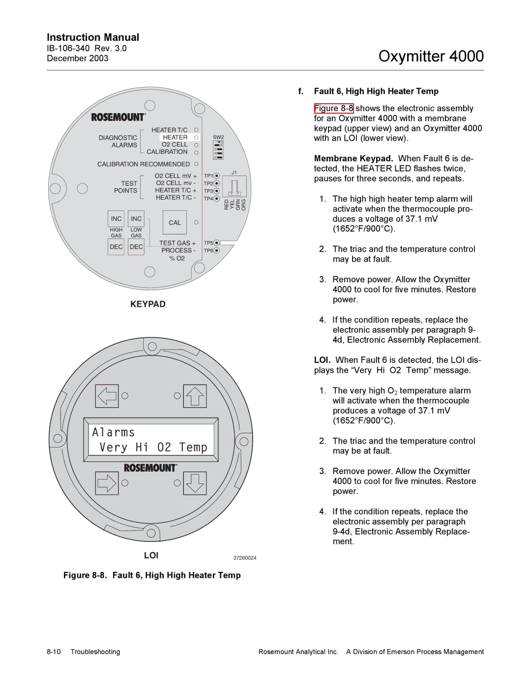 Emerson 4000 manual Alarms Very Hi O2 Temp, Fault 6, High High Heater Temp 