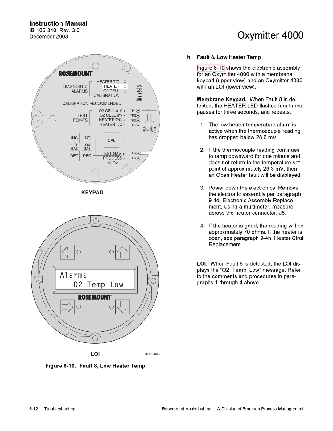 Emerson 4000 manual Alarms O2 Temp Low, Fault 8, Low Heater Temp 