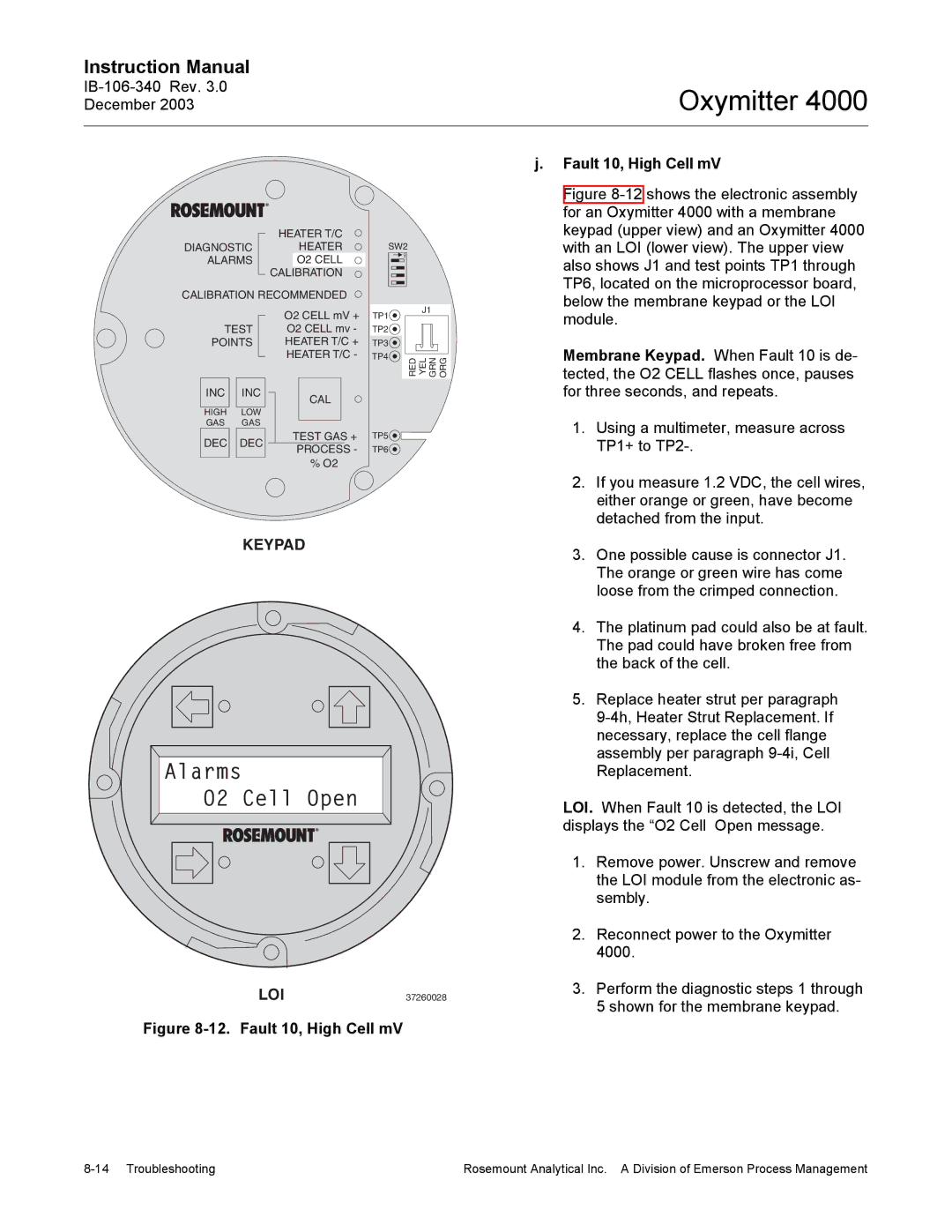 Emerson 4000 manual Alarms O2 Cell Open, Fault 10, High Cell mV 