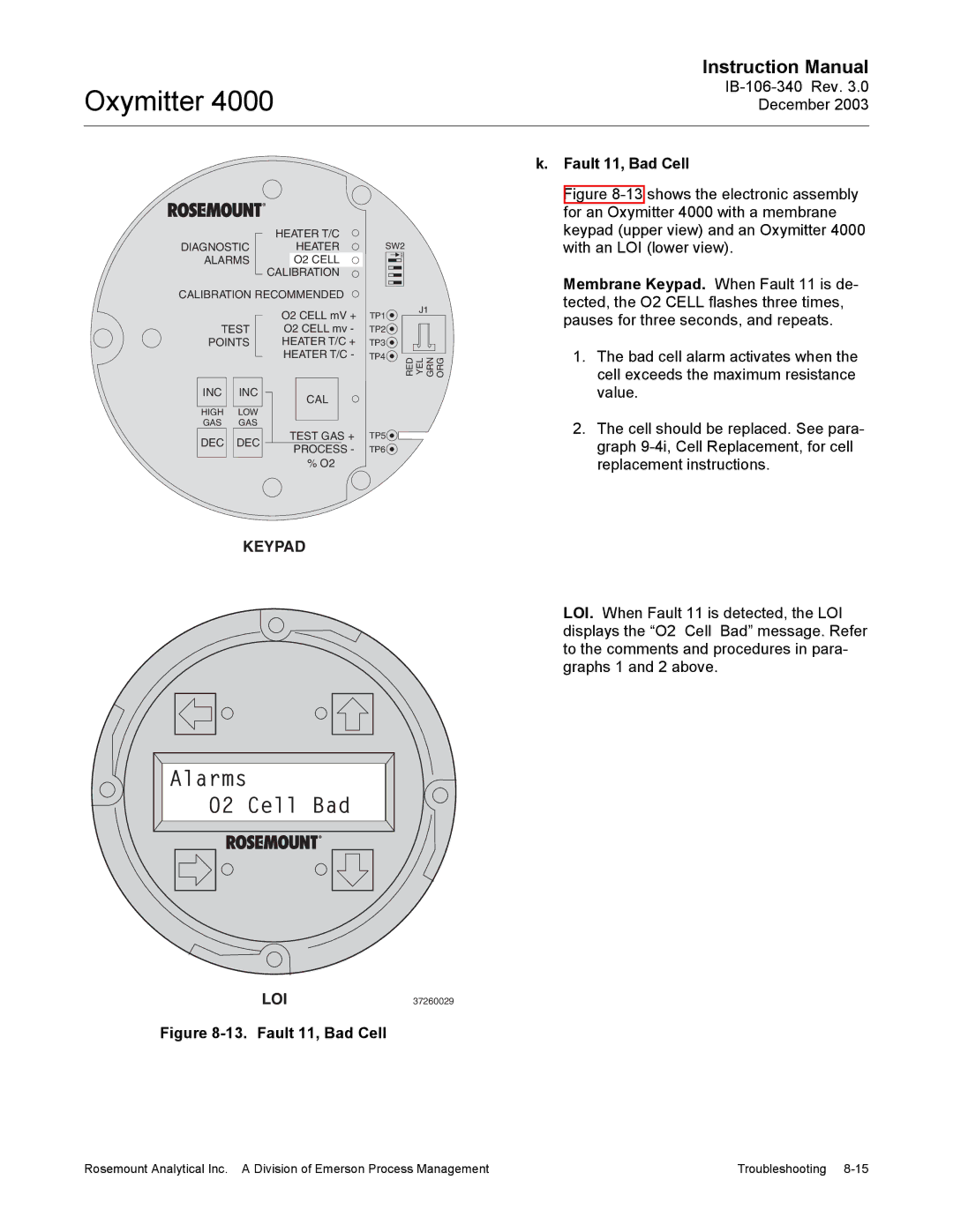 Emerson 4000 manual Alarms O2 Cell Bad, Fault 11, Bad Cell 