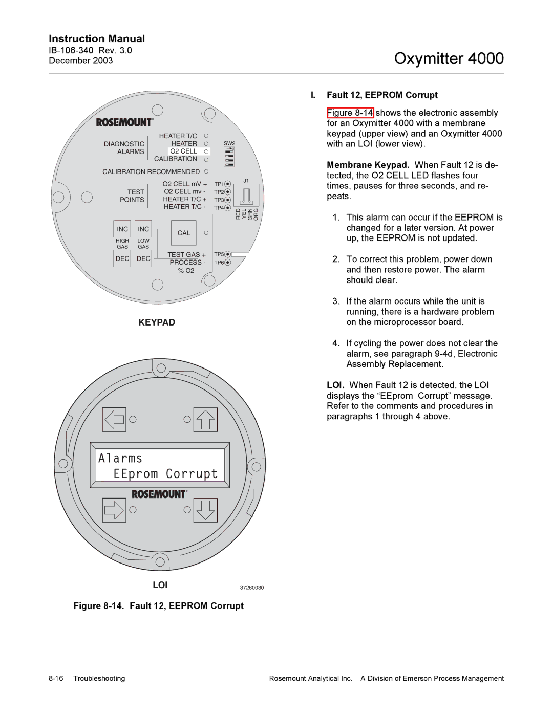 Emerson 4000 manual Alarms EEprom Corrupt, Fault 12, Eeprom Corrupt 