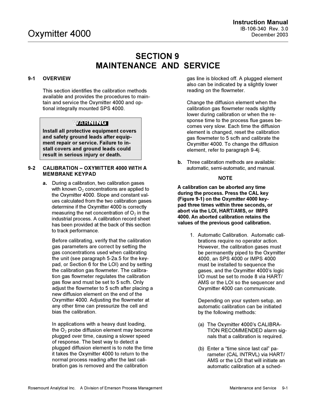 Emerson manual Section Maintenance and Service, Calibration Oxymitter 4000 with a Membrane Keypad 