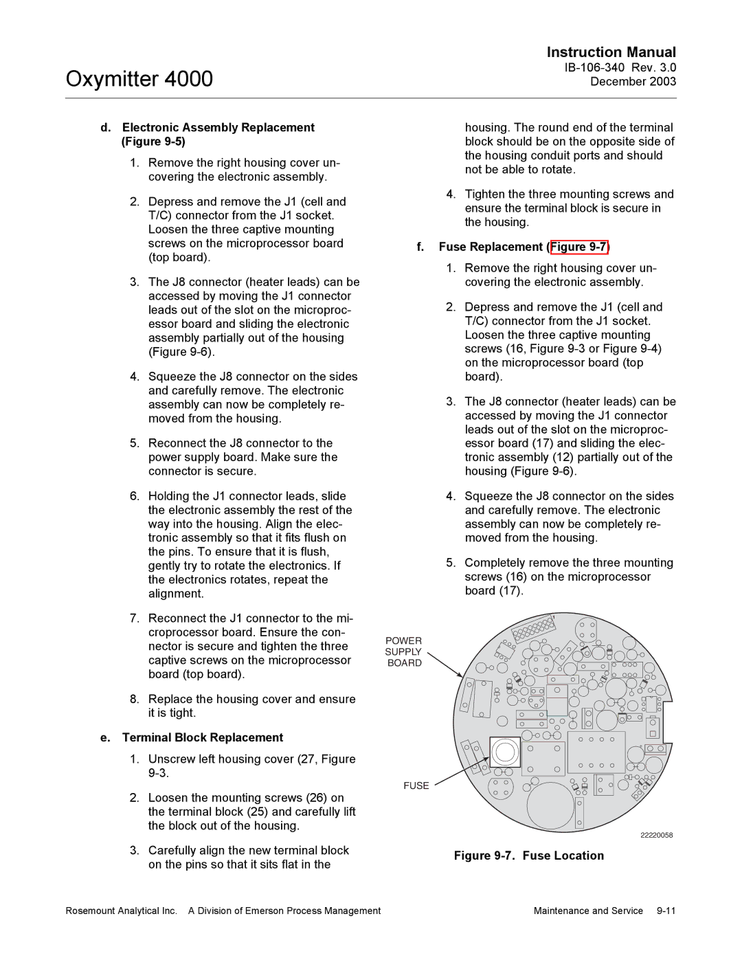 Emerson 4000 manual Electronic Assembly Replacement, Fuse Replacement Figure, Terminal Block Replacement 
