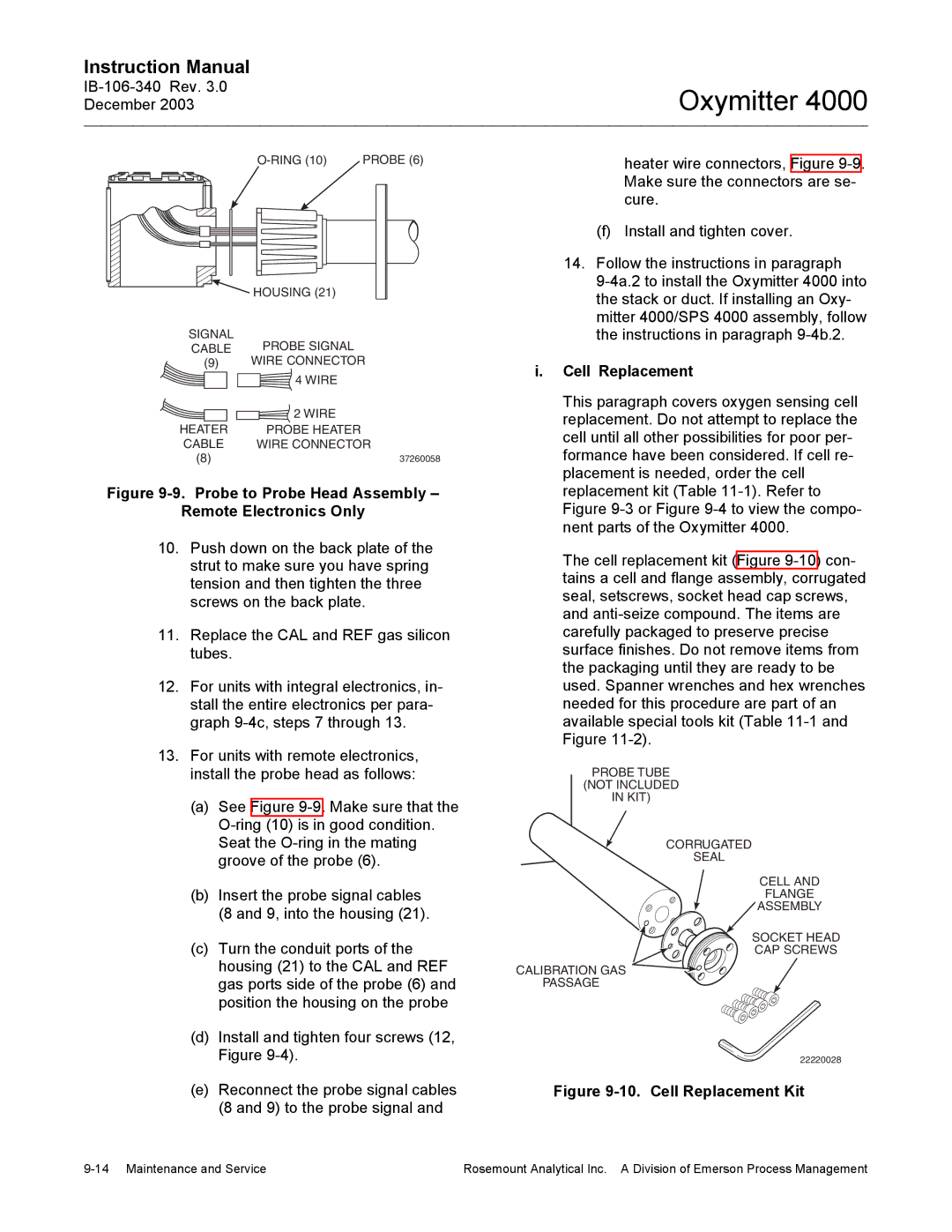 Emerson 4000 manual Probe to Probe Head Assembly Remote Electronics Only, Cell Replacement 